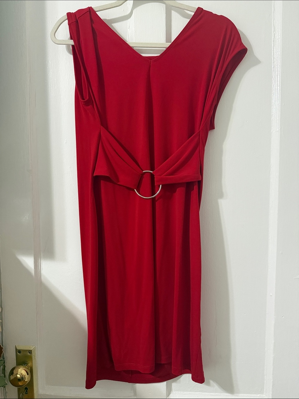New York & Company Red V-Neck Midi Dress with Ring Belt